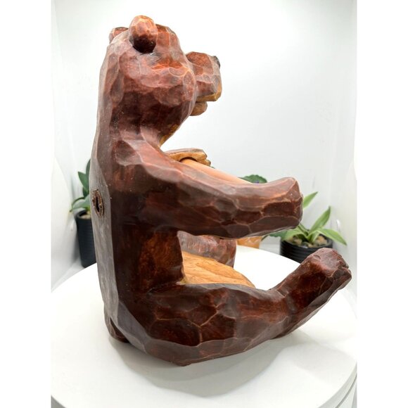 Hand-Carved Faux Wooden Bear Toilet Paper Holder Wall Mountable - Picture 7 of 9
